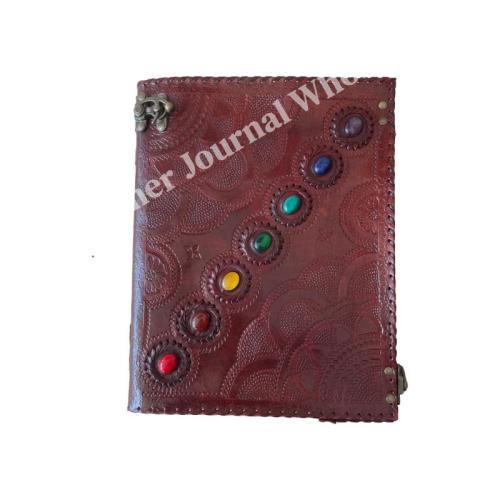 Vintage Brown Leather Journal Celtic Wheel Sun Design with Stone Inlay Writing Notebook Blank Pages Travel Diary Sketchbook Spiritual Boho Gift for Men Women