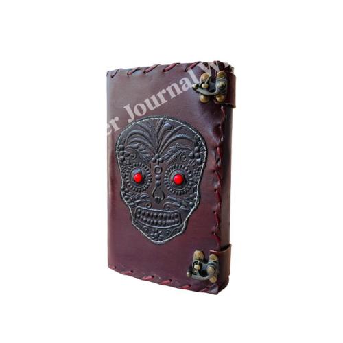 Handmade Gothic Skull Leather Journal with Lock – Red Stone Eyes, Vintage Diary, Halloween Notebook, Dark Art Sketchbook
