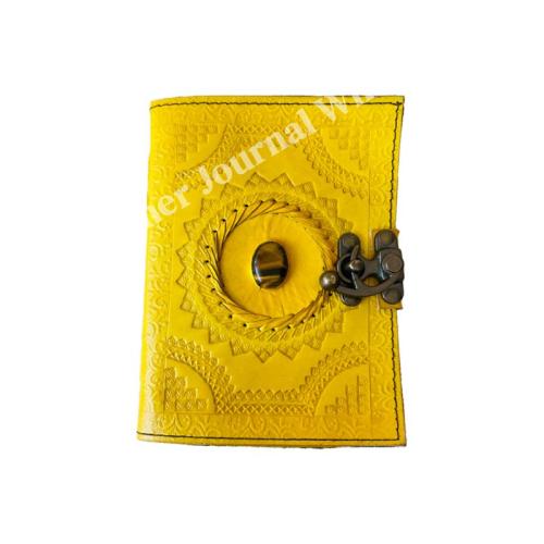 Handmade Yellow Leather Journal with Lock – Embossed Vintage Diary with Natural Stone, Artisan Notebook