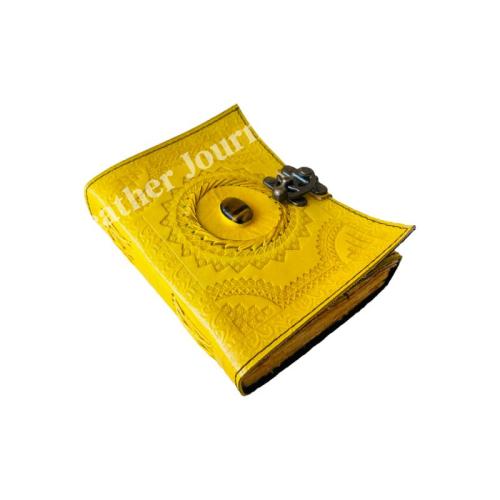 Handmade Yellow Leather Journal with Lock – Embossed Vintage Diary with Natural Stone, Artisan Notebook