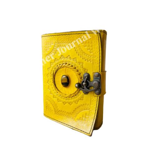 Handmade Yellow Leather Journal with Lock – Embossed Vintage Diary with Natural Stone, Artisan Notebook