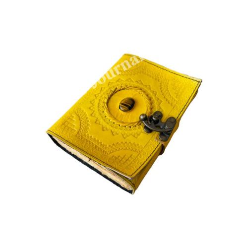 Handmade Yellow Leather Journal with Lock – Embossed Vintage Diary with Natural Stone, Artisan Notebook